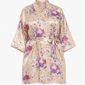 Women's Floral Color Champagne Short Satin Kimono Robe Size XL (NWT)